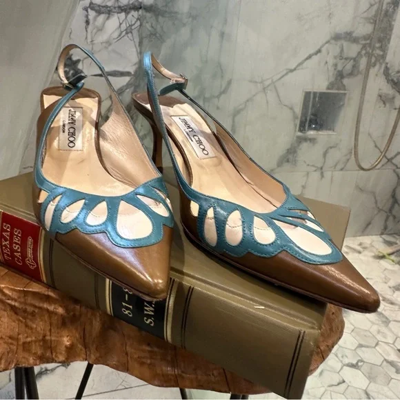 Jimmy Choo | 8 | Slingback Pumps Brown Teal Cutout Leather Pointed Toe 3” Heel - Picture 1 of 16
